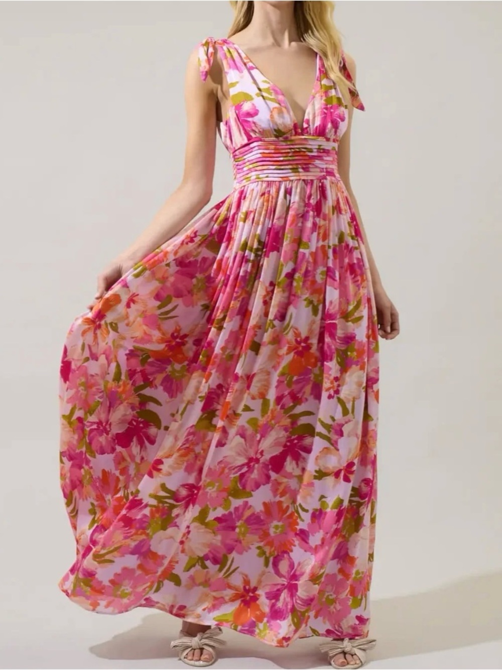 Sugarlips Pink Floral Maxi Dress with Tie-Shoulder Straps